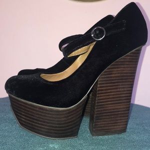 Black velvet Shelley’s London 5.5” platform heels